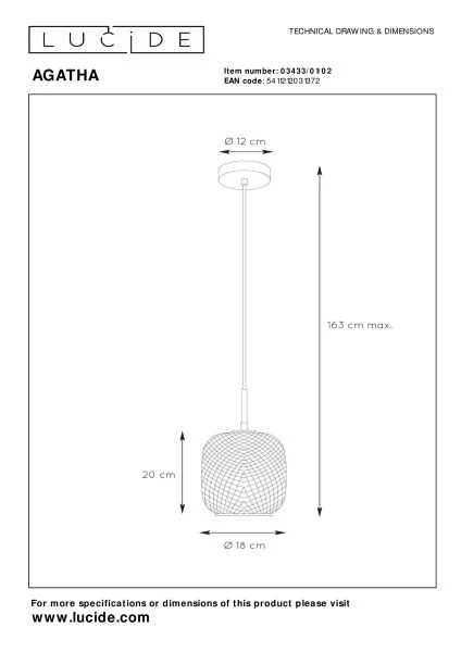 Lucide AGATHA - Hanglamp - Ø 18 cm - 1xE27 - Mat Goud / Messing - technisch